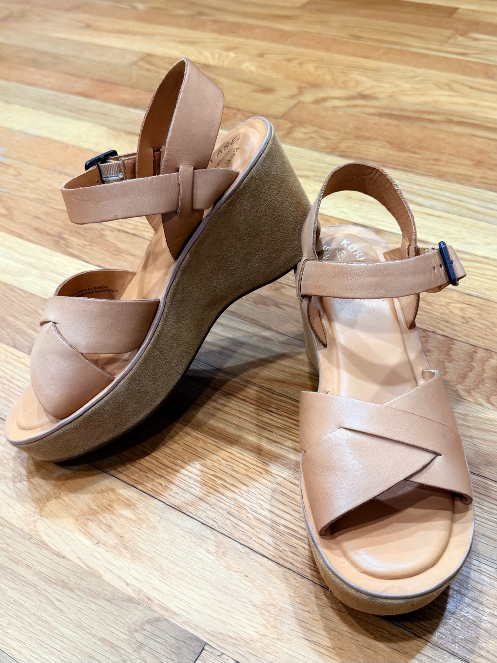 Kork-Ease Ava Classic Nude Tan Leather Platform Sandals with Ankle Strap Size 9